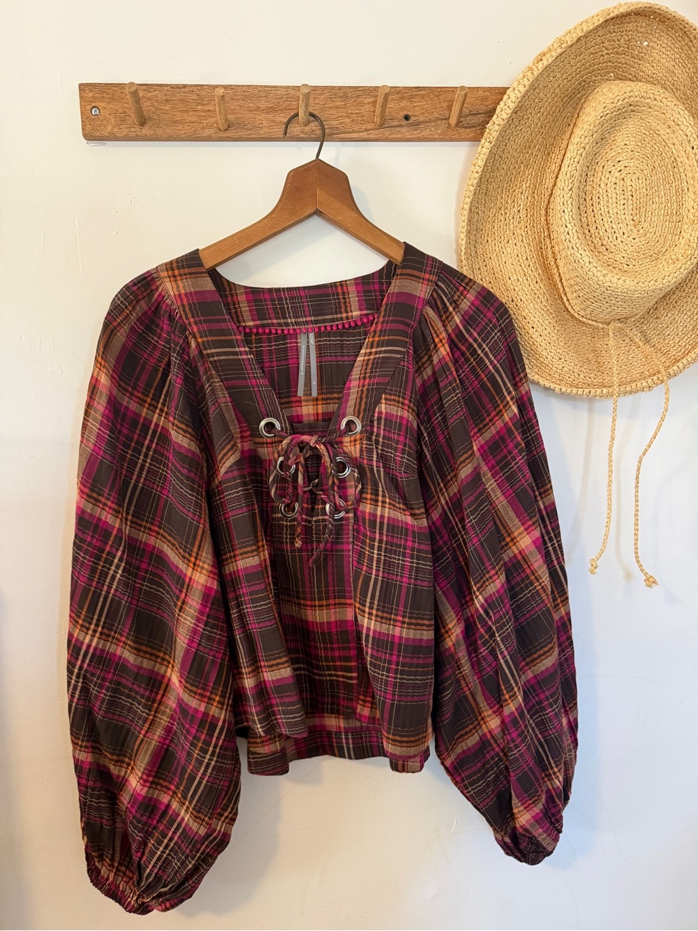 Anthropologie Plaid Lace-Up Peasant Blouse - Pink/Brown